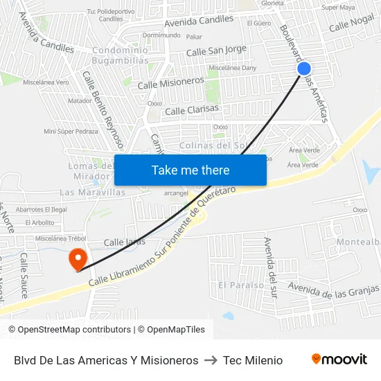 Blvd De Las Americas Y Misioneros to Tec Milenio map