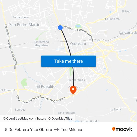 5 De Febrero Y La Obrera to Tec Milenio map