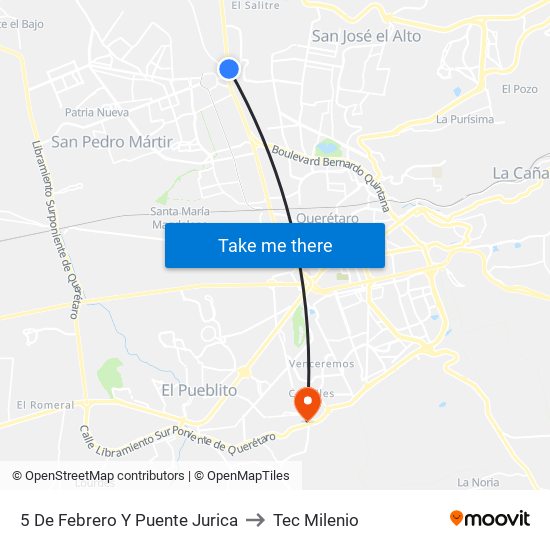 5 De Febrero Y Puente Jurica to Tec Milenio map