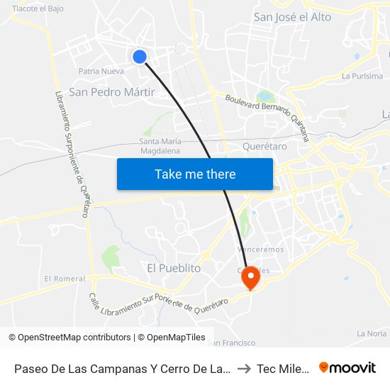 Paseo De Las Campanas Y Cerro De La Cruz to Tec Milenio map