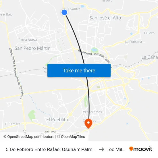 5 De Febrero Entre Rafael Osuna Y Palma Cocotera to Tec Milenio map