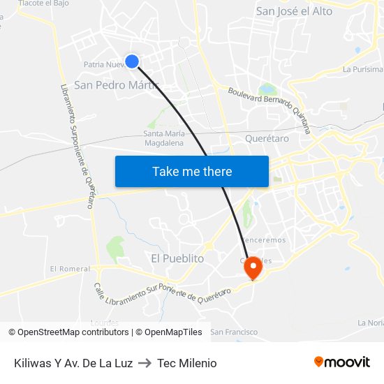 Kiliwas Y Av. De La Luz to Tec Milenio map