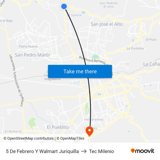 5 De Febrero Y Walmart Juriquilla to Tec Milenio map