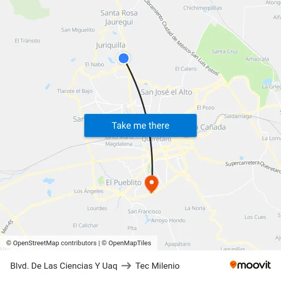 Blvd. De Las Ciencias Y Uaq to Tec Milenio map
