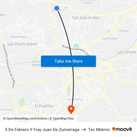 5 De Febrero Y Fray Juan De Zumarraga to Tec Milenio map