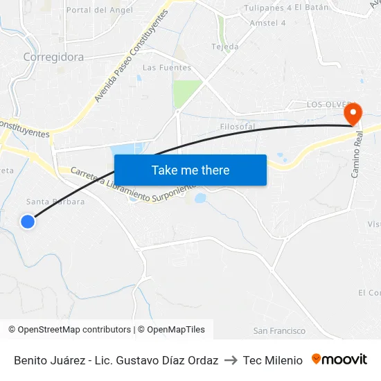 Benito Juárez - Lic. Gustavo Díaz Ordaz to Tec Milenio map