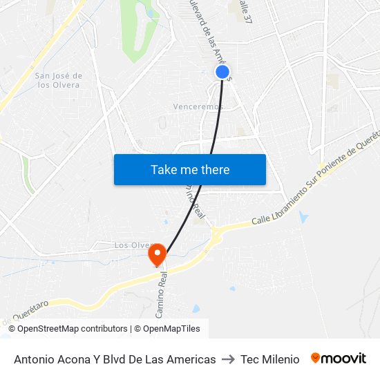 Antonio Acona Y Blvd De Las Americas to Tec Milenio map