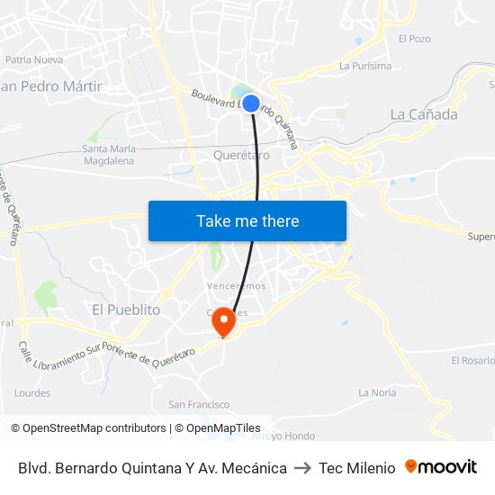 Blvd. Bernardo Quintana Y Av. Mecánica to Tec Milenio map