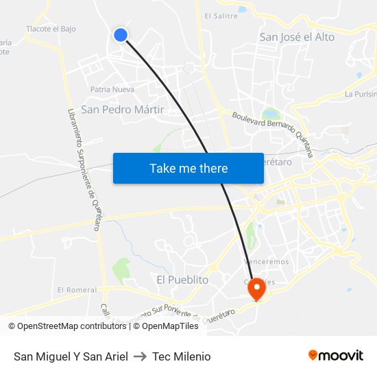 San Miguel Y San Ariel to Tec Milenio map