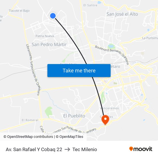 Av. San Rafael Y Cobaq 22 to Tec Milenio map