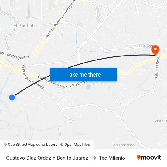 Gustavo Díaz Ordaz Y Benito Juárez to Tec Milenio map