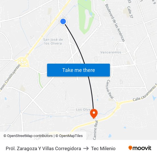 Pról. Zaragoza Y Villas Corregidora to Tec Milenio map