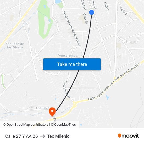 Calle 27 Y Av. 26 to Tec Milenio map