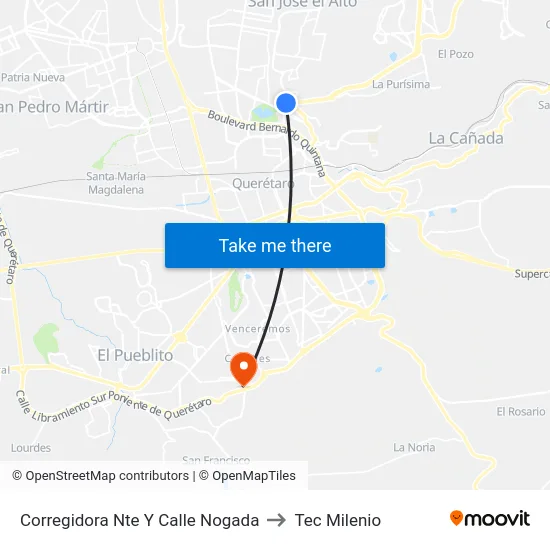 Corregidora Nte Y Calle Nogada to Tec Milenio map