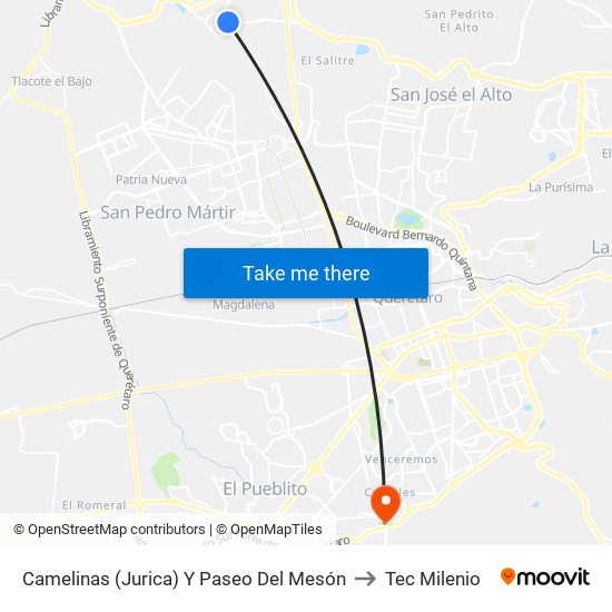 Camelinas (Jurica) Y Paseo Del Mesón to Tec Milenio map