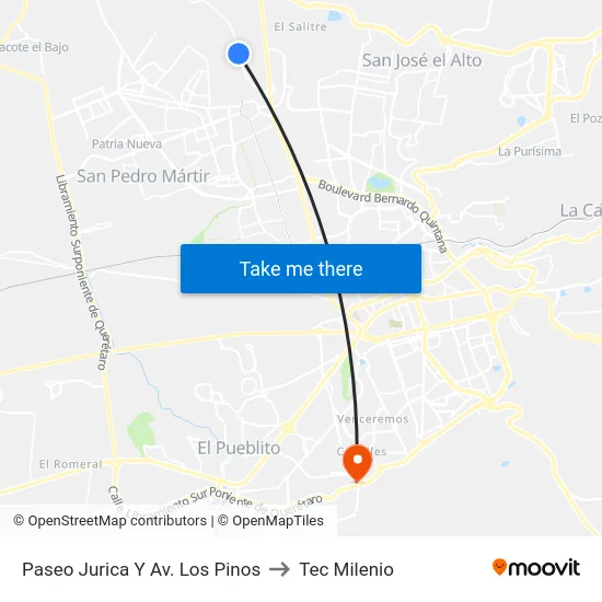 Paseo Jurica Y Av. Los Pinos to Tec Milenio map