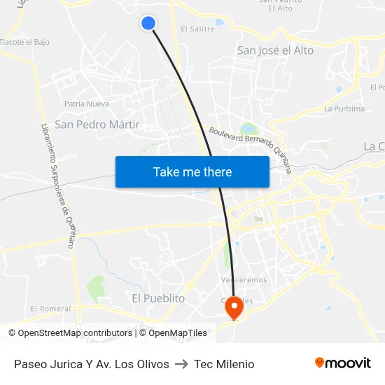 Paseo Jurica Y Av. Los Olivos to Tec Milenio map