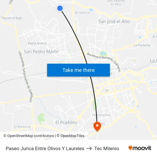 Paseo Jurica Entre Olivos Y Laureles to Tec Milenio map