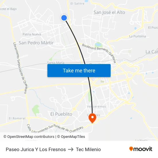 Paseo Jurica Y Los Fresnos to Tec Milenio map