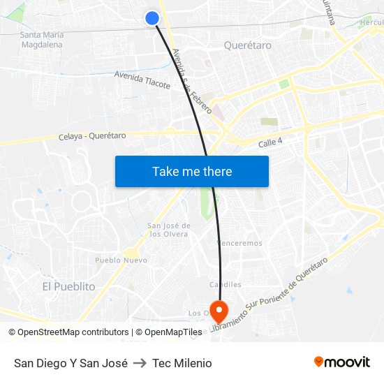 San Diego Y San José to Tec Milenio map