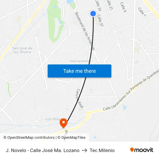 J. Novelo - Calle José Ma. Lozano to Tec Milenio map