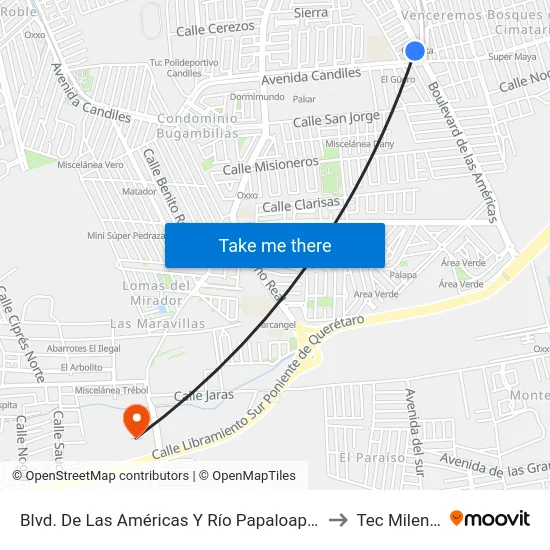 Blvd. De Las Américas Y Río Papaloapan to Tec Milenio map