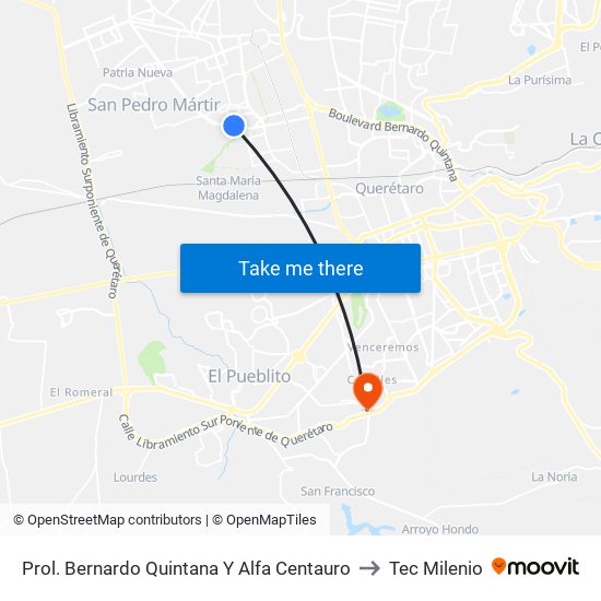 Prol. Bernardo Quintana Y Alfa Centauro to Tec Milenio map