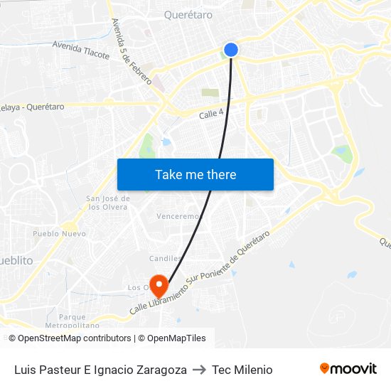 Luis Pasteur E Ignacio Zaragoza to Tec Milenio map