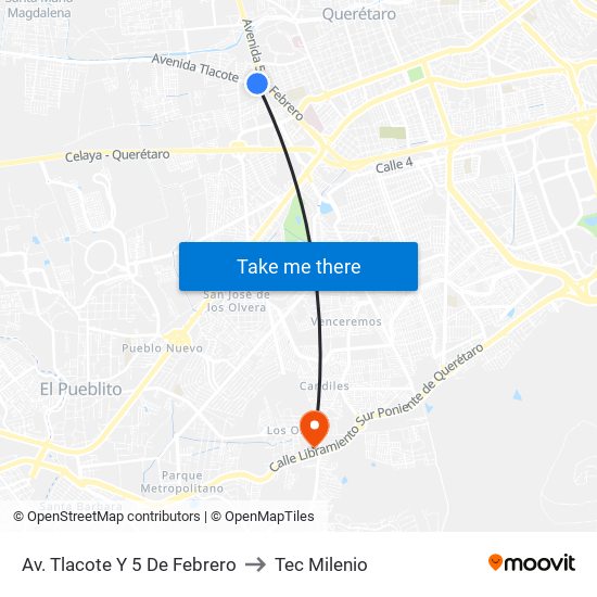 Av. Tlacote Y 5 De Febrero to Tec Milenio map