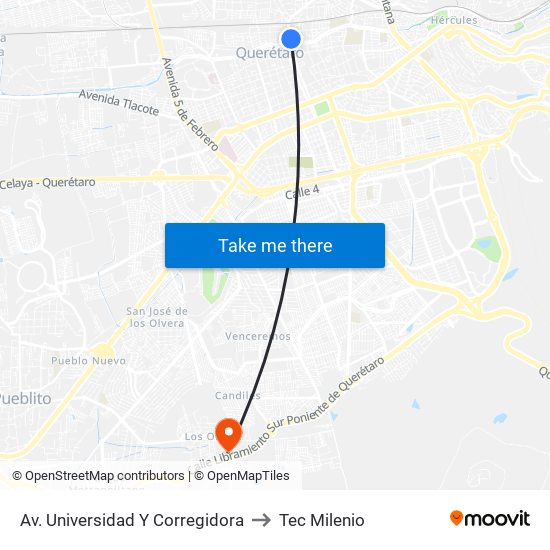 Av. Universidad Y Corregidora to Tec Milenio map