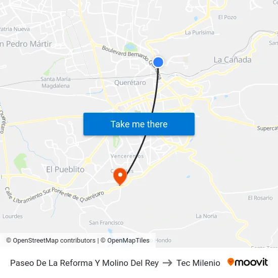 Paseo De La Reforma Y Molino Del Rey to Tec Milenio map