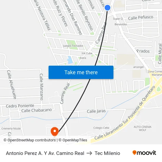 Antonio Perez A. Y Av. Camino Real to Tec Milenio map