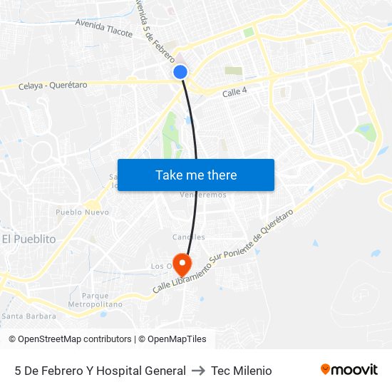 5 De Febrero Y Hospital General to Tec Milenio map