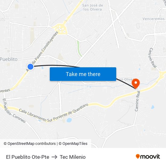 El Pueblito Ote-Pte to Tec Milenio map