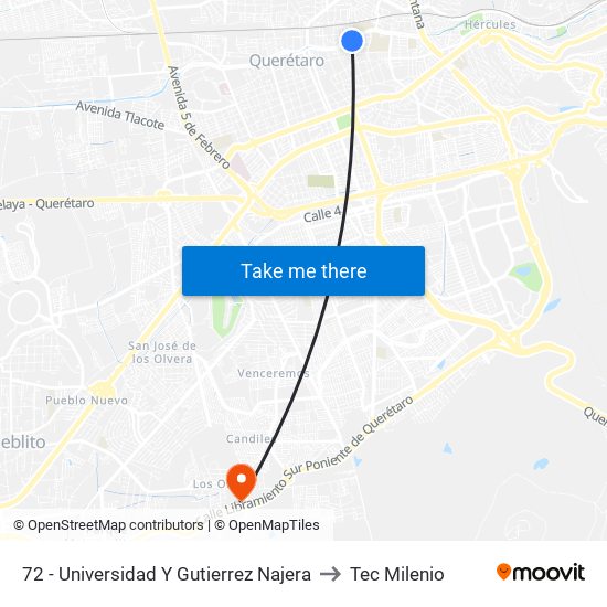 72 - Universidad Y Gutierrez Najera to Tec Milenio map