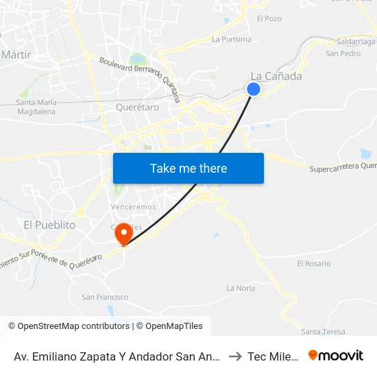 Av. Emiliano Zapata Y Andador San Antonio to Tec Milenio map