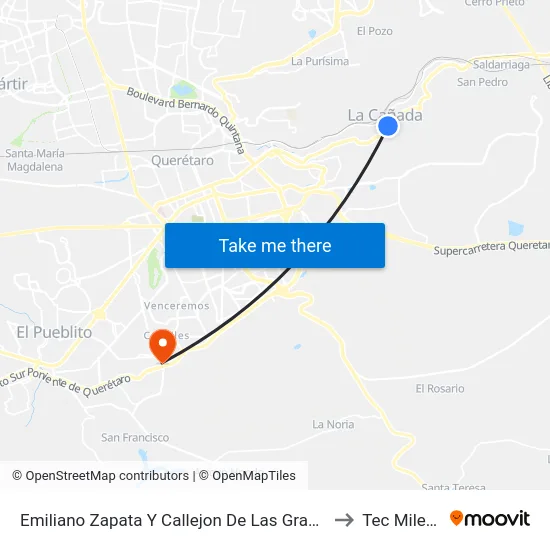 Emiliano Zapata Oriente to Tec Milenio map