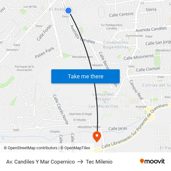Av. Candiles Y Mar Copernico to Tec Milenio map