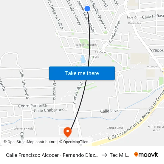 Calle Francisco Alcocer - Fernando Díaz Ramírez to Tec Milenio map