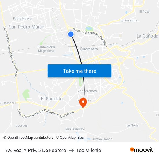 Av. Real Y Priv. 5 De Febrero to Tec Milenio map