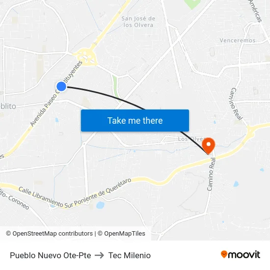 Pueblo Nuevo Ote-Pte to Tec Milenio map
