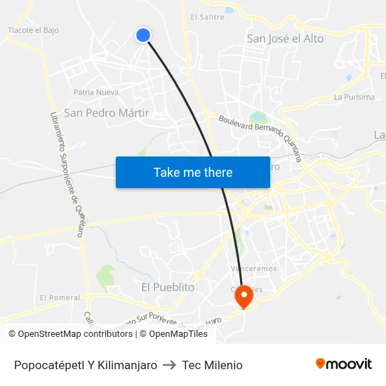 Popocatépetl Y Kilimanjaro to Tec Milenio map
