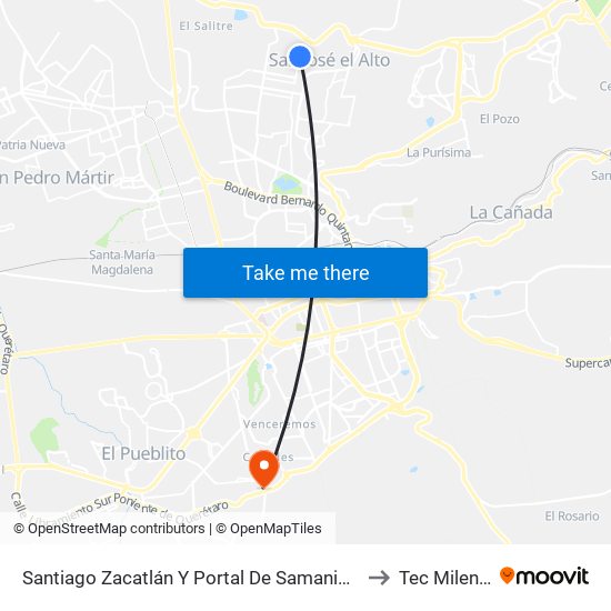 Santiago Zacatlán Y Portal De Samaniego to Tec Milenio map