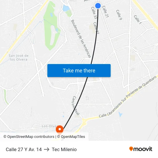 Calle 27 - Av. 14 to Tec Milenio map