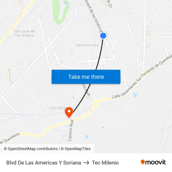 Blvd De Las Americas Y Soriana to Tec Milenio map