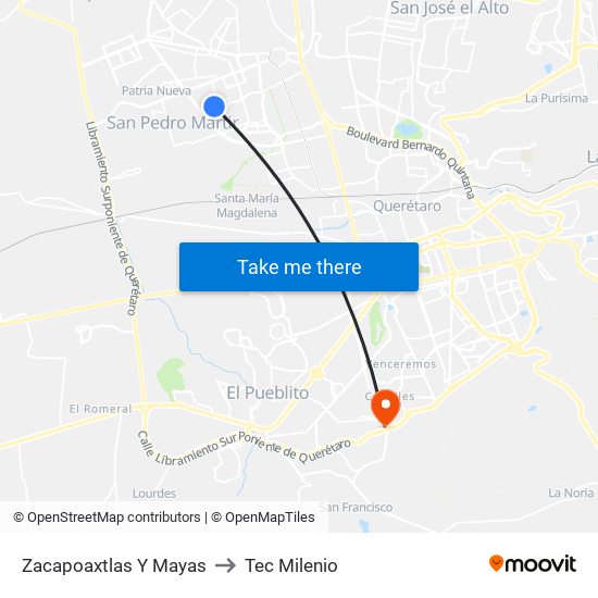 Zacapoaxtlas Y Mayas to Tec Milenio map