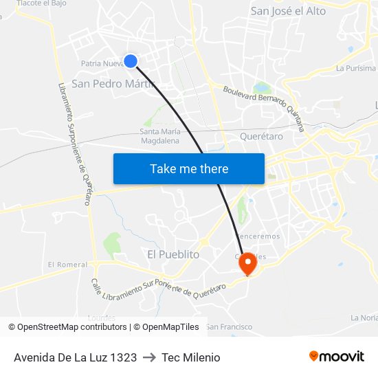 Avenida De La Luz 1323 to Tec Milenio map