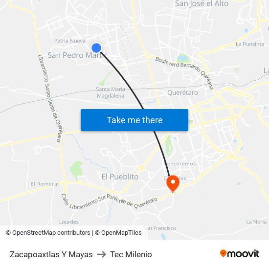 Zacapoaxtlas Y Mayas to Tec Milenio map