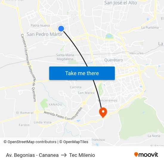 Av. Begonias - Cananea to Tec Milenio map