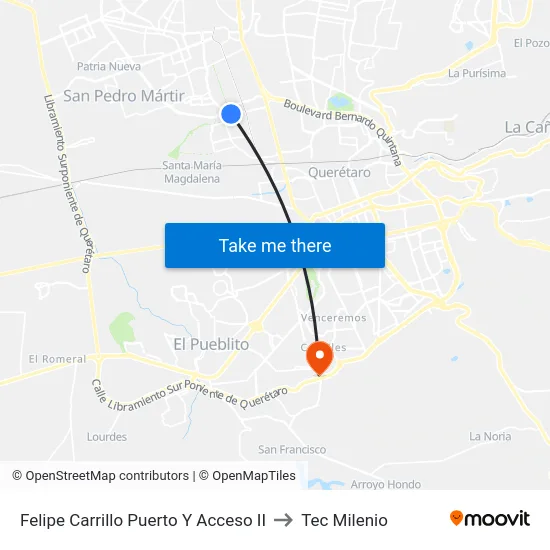 Av. Felipe Carrillo Puerto - Calle 5 De Febrero to Tec Milenio map